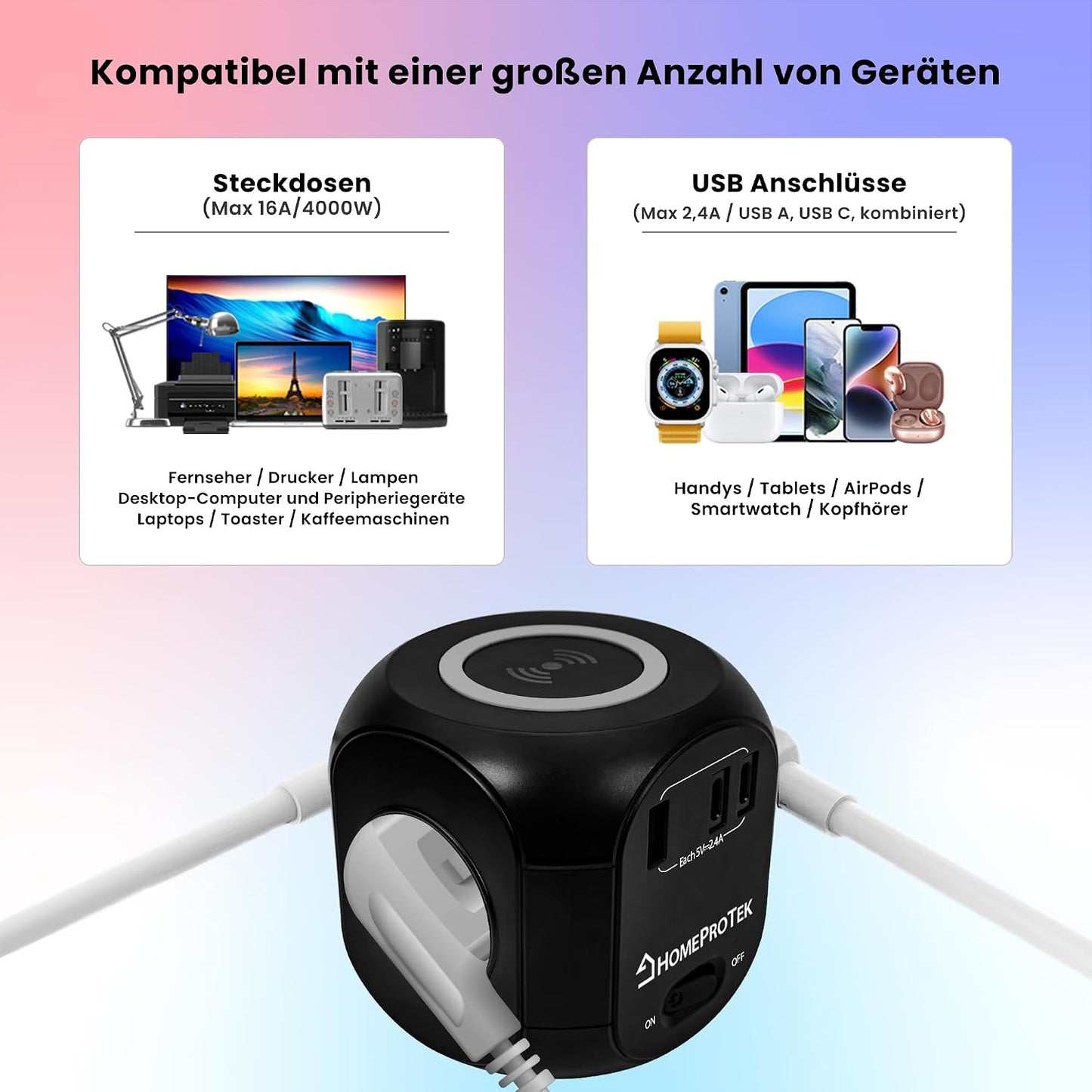 HOMEPROTEK 7in1 Steckdosenwürfel  USB Mehrfachstecker,Schwarz