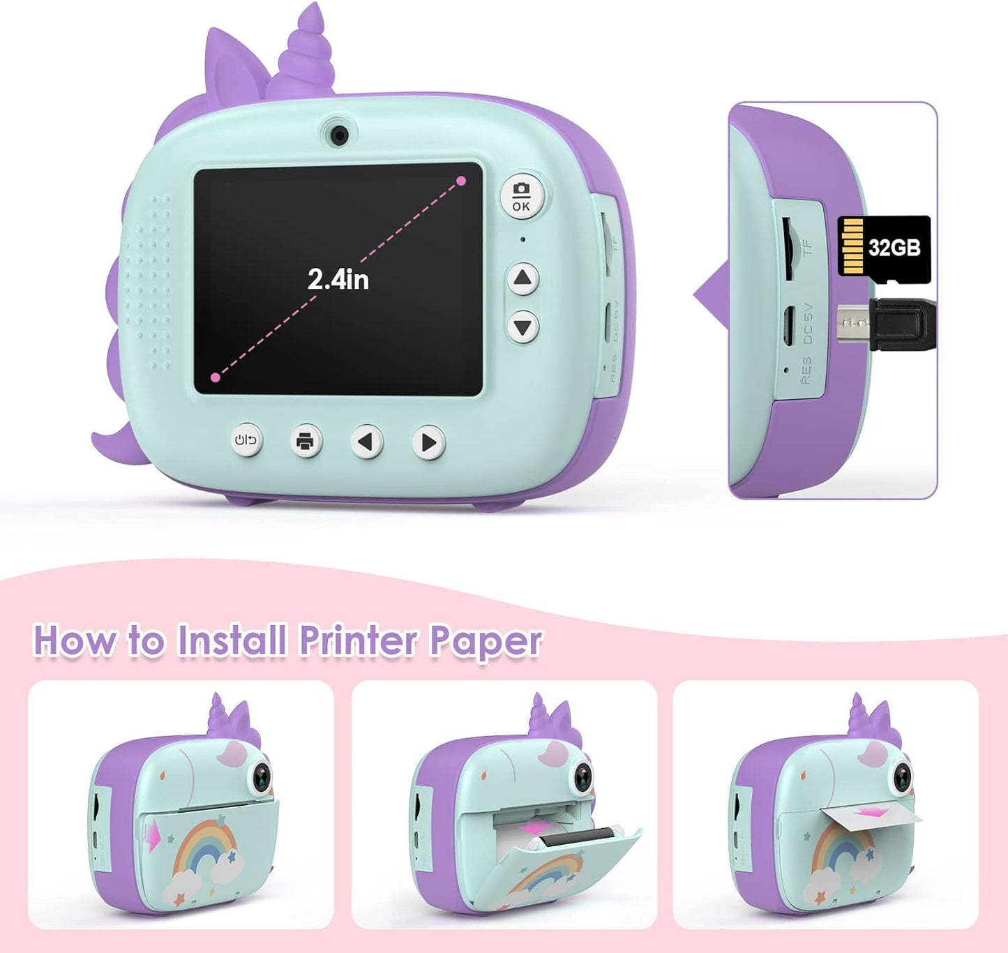 HiMont Kinderkamera Sofortbildkamera, Digitalkamera für Kinder mit Druckpapier & 32G TF Karte,