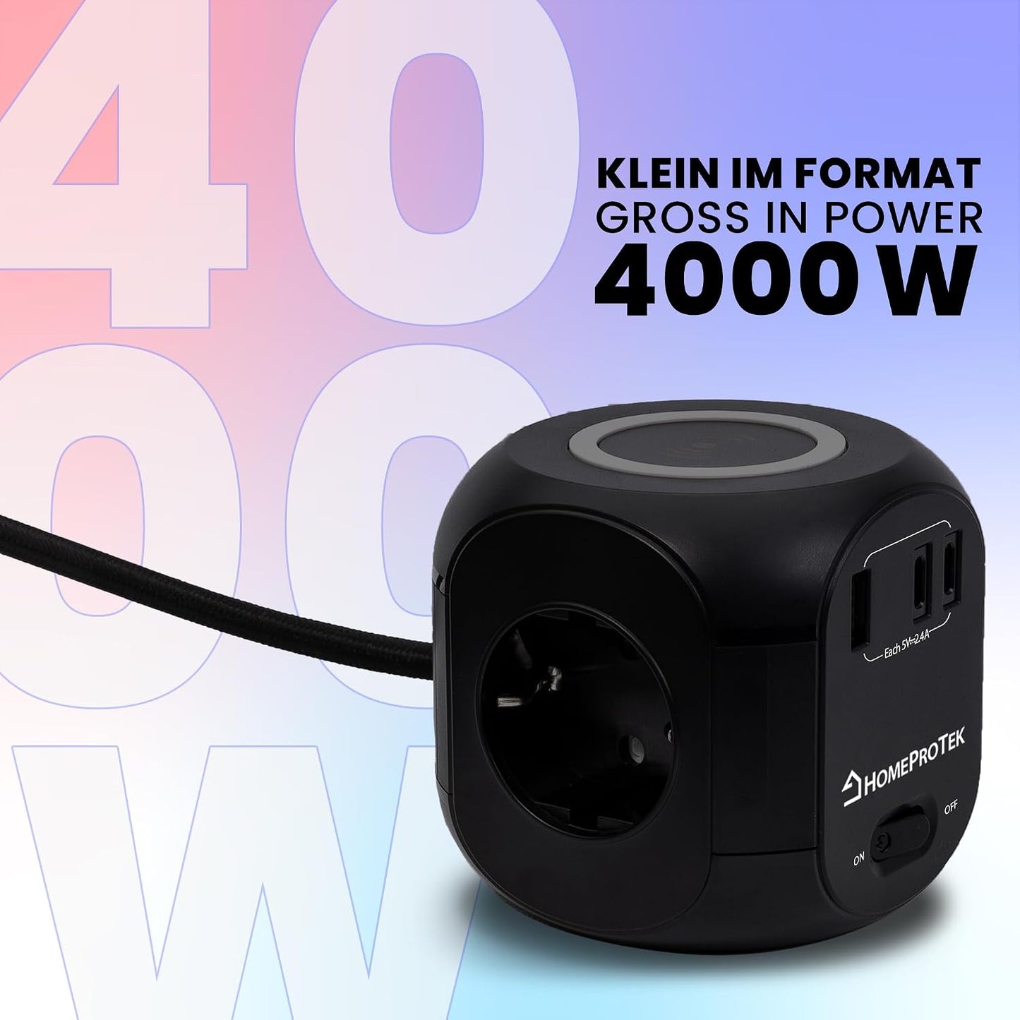 HOMEPROTEK 7in1 Steckdosenwürfel  USB Mehrfachstecker,Schwarz