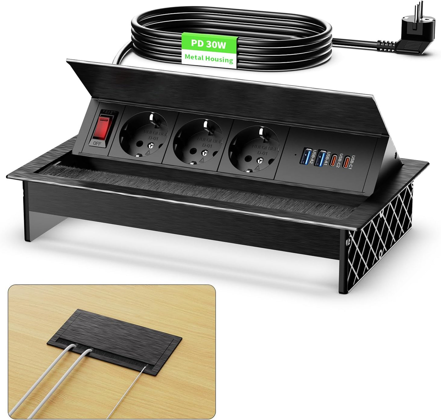 3-Fach versenkbare Steckdosenleiste mit 2 USB-C PD 30W und 2 USB-A,1,8 m Kabel, Schwarz