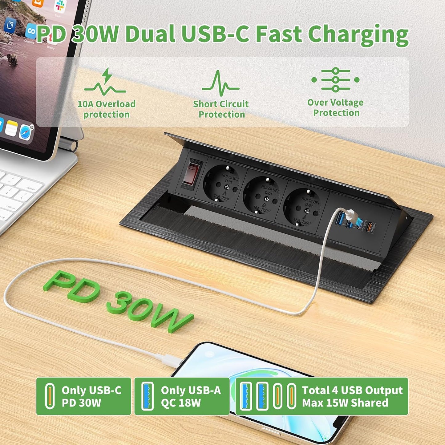 3-Fach versenkbare Steckdosenleiste mit 2 USB-C PD 30W und 2 USB-A,1,8 m Kabel, Schwarz