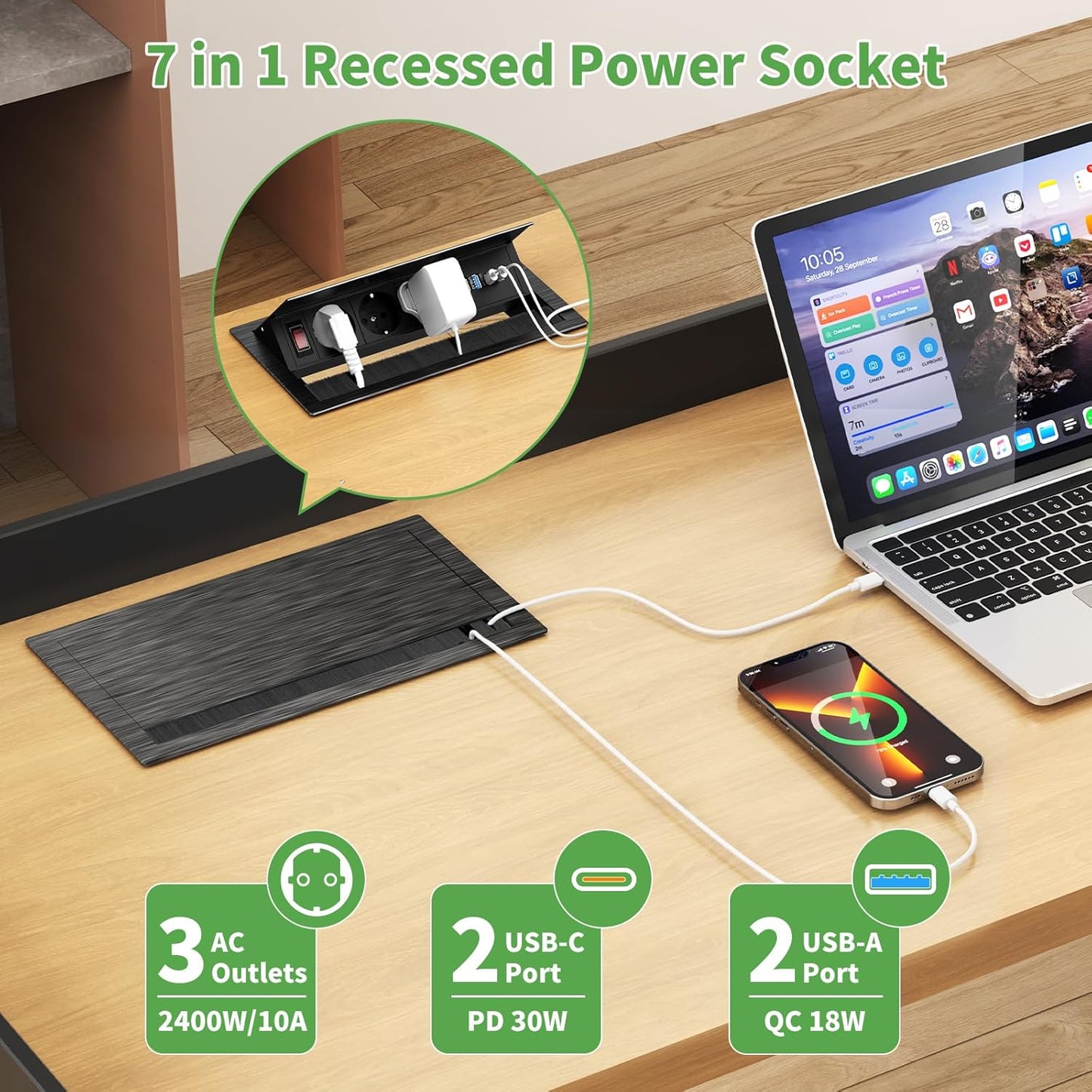 3-Fach versenkbare Steckdosenleiste mit 2 USB-C PD 30W und 2 USB-A,1,8 m Kabel, Schwarz