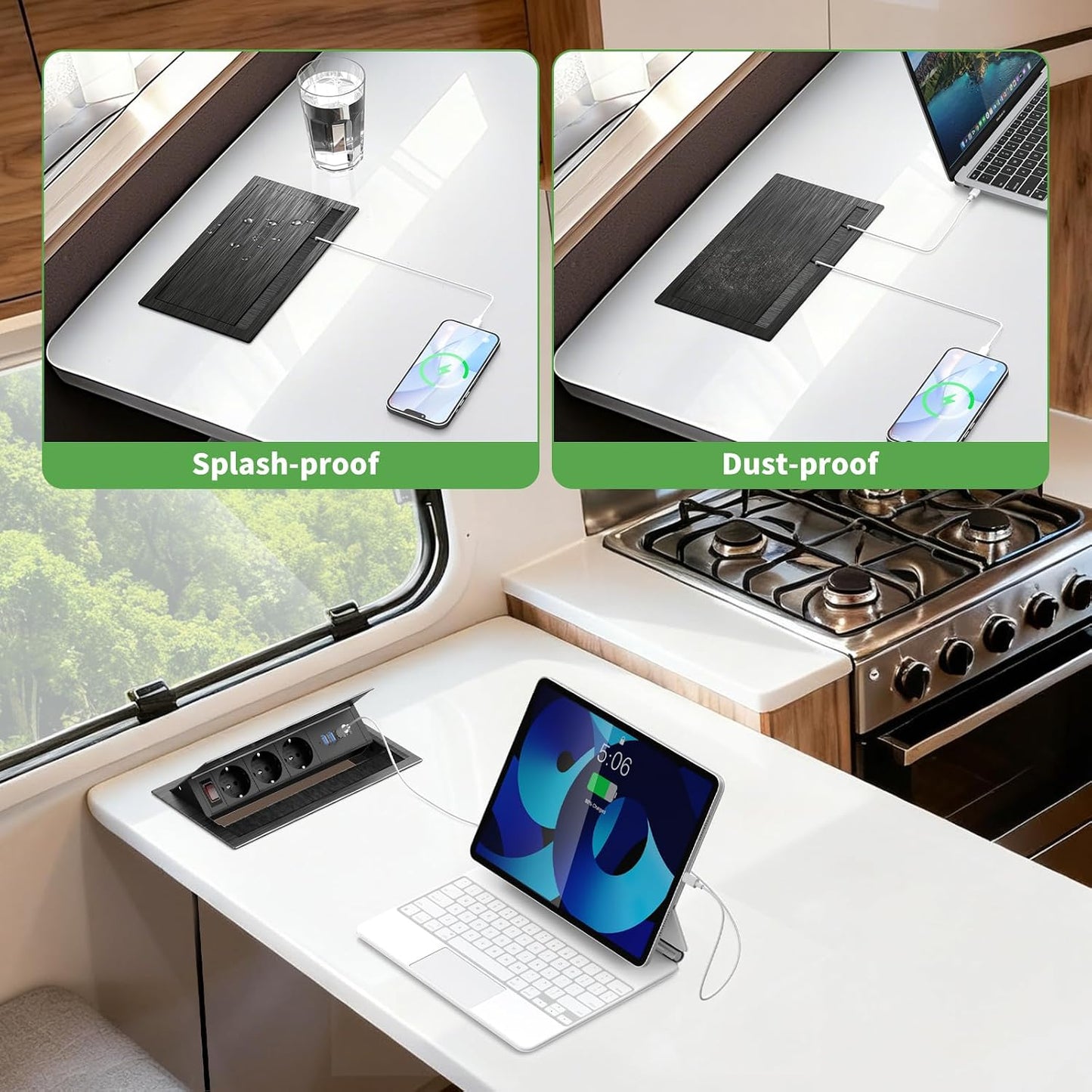 3-Fach versenkbare Steckdosenleiste mit 2 USB-C PD 30W und 2 USB-A,1,8 m Kabel, Schwarz