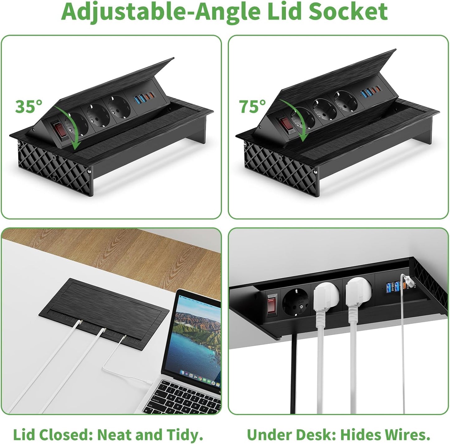 3-Fach versenkbare Steckdosenleiste mit 2 USB-C PD 30W und 2 USB-A,1,8 m Kabel, Schwarz