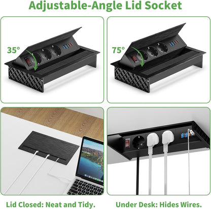 3-Fach versenkbare Steckdosenleiste mit 2 USB-C PD 30W und 2 USB-A,1,8 m Kabel, Schwarz