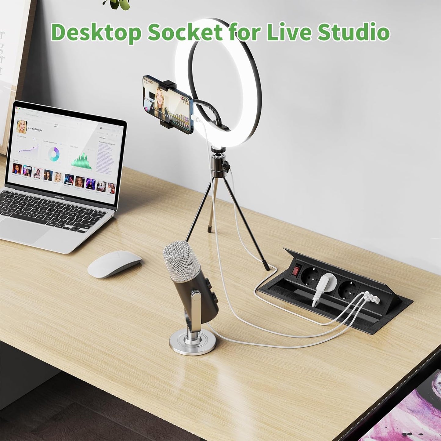 3-Fach versenkbare Steckdosenleiste mit 2 USB-C PD 30W und 2 USB-A,1,8 m Kabel, Schwarz