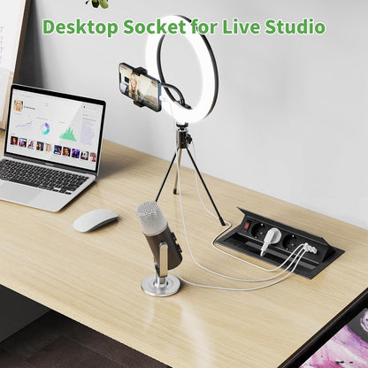 3-Fach versenkbare Steckdosenleiste mit 2 USB-C PD 30W und 2 USB-A,1,8 m Kabel, Schwarz
