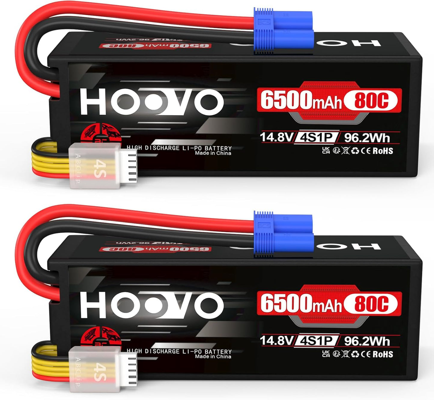 HOOVO 4S Lipo Akku 14,8V 6500mAh 80C RC Batterie EC5 Stecker(2 Stück) für RC Auto