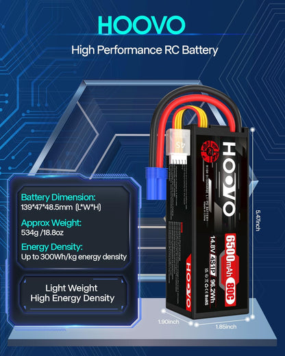 HOOVO 4S Lipo Akku 14,8V 6500mAh 80C RC Batterie EC5 Stecker(2 Stück) für RC Auto