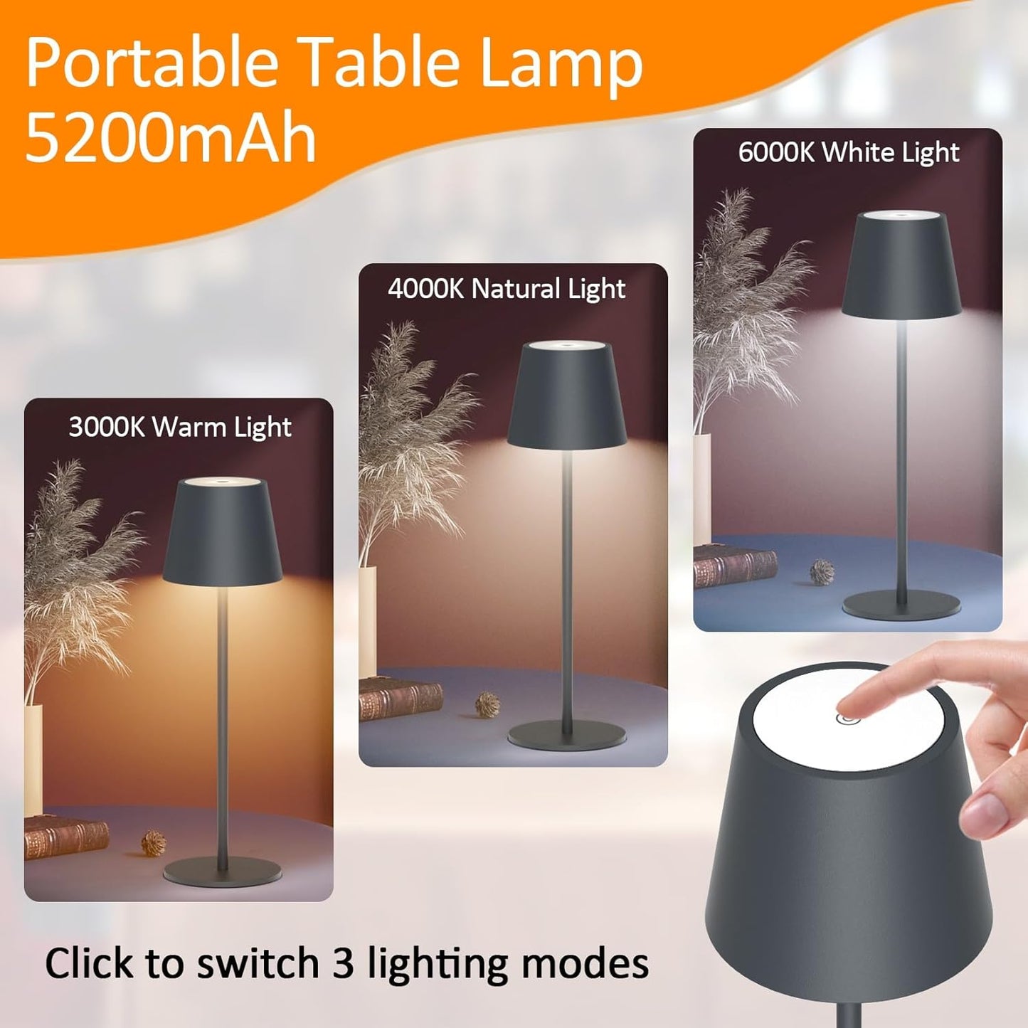 Howskys 2 pièces LED Akku lampe de table sans fil 3000k-6000k, 5200mAh USB-C batterie rechargeable lampe de table, IP54 Rostrot
