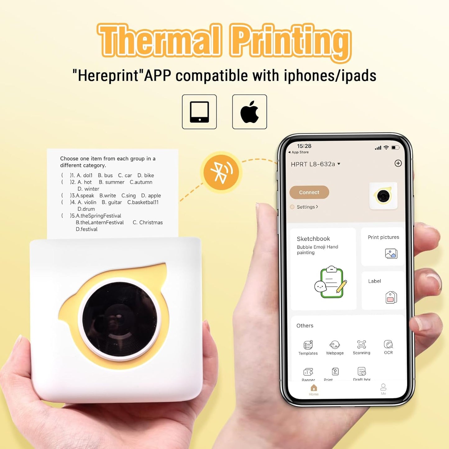 HPRT L8 Mini-Drucker, tragbarer Thermo-Aufkleber, mit 1 Papier und 3 Aufkleberrollen Gelb