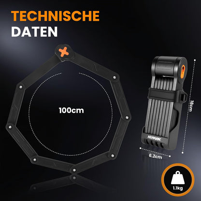 HIPARK Fahrrad Faltschloss 100cm mit Schlüssel, Hohe Sicherheit mit Halterung,Schwarz