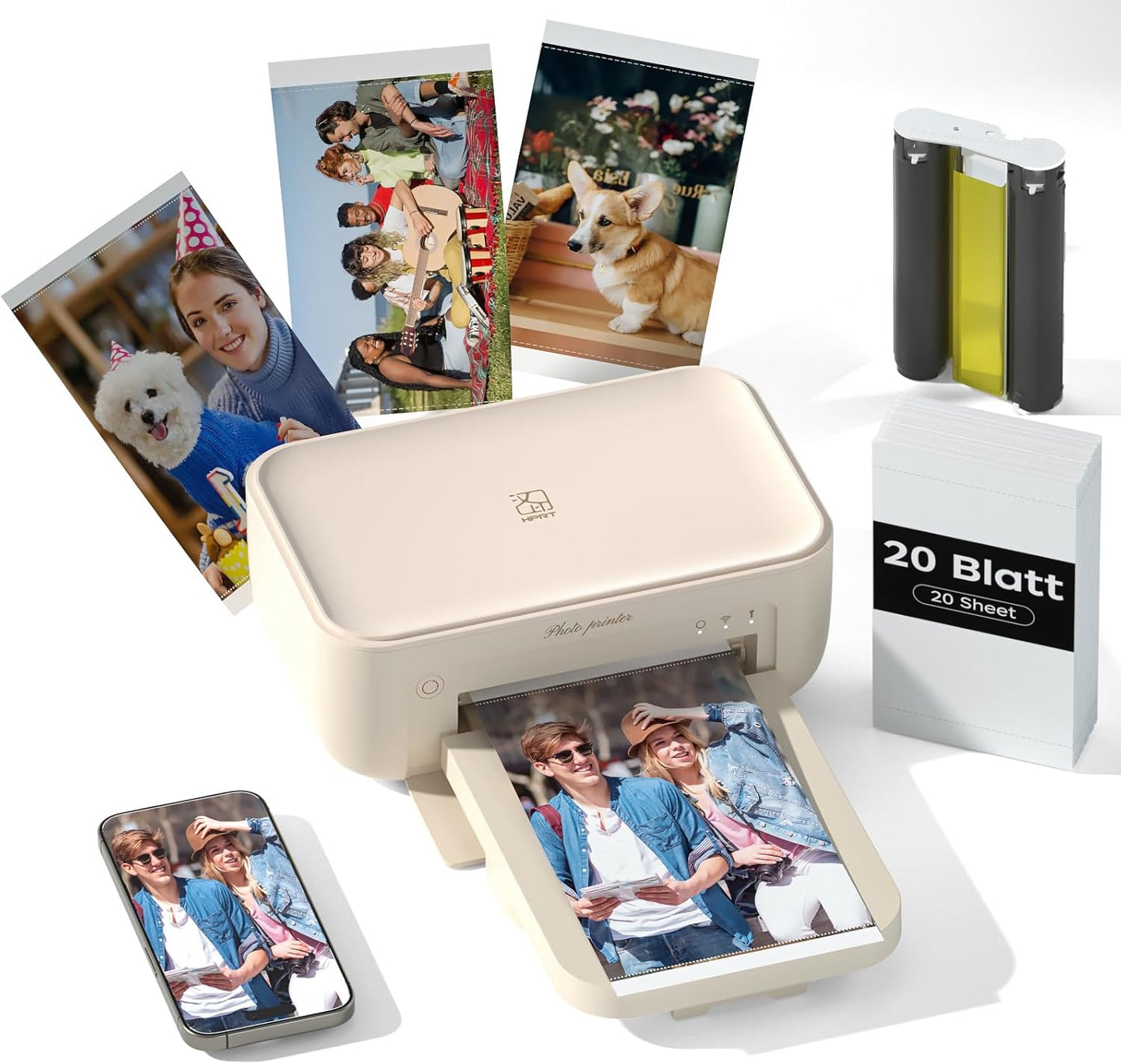 HPRT Fotodrucker 10x15, Mobiler Fotodrucker für Smartphone mit 20 Fotoblättern & 1 Farbband