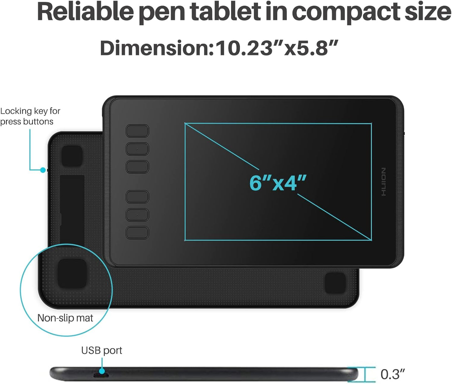 Tablette graphique Huion H640P 8192 avec stylet amovible et 6 commandes de fonction réglables
