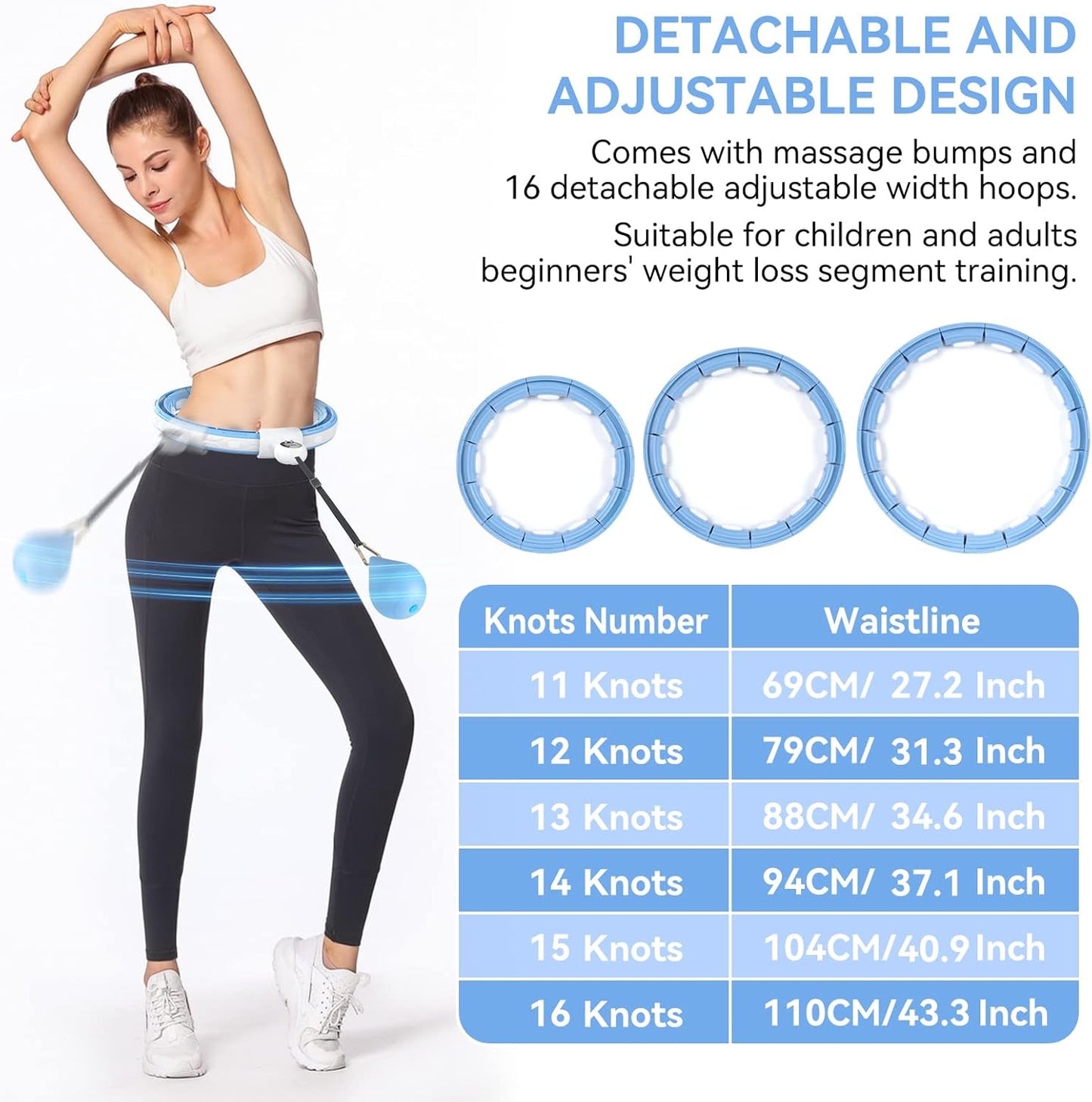 Cerceaux intelligents Hula Hoop avec picots de massage et 16 boutons Abnehmbar Bleu