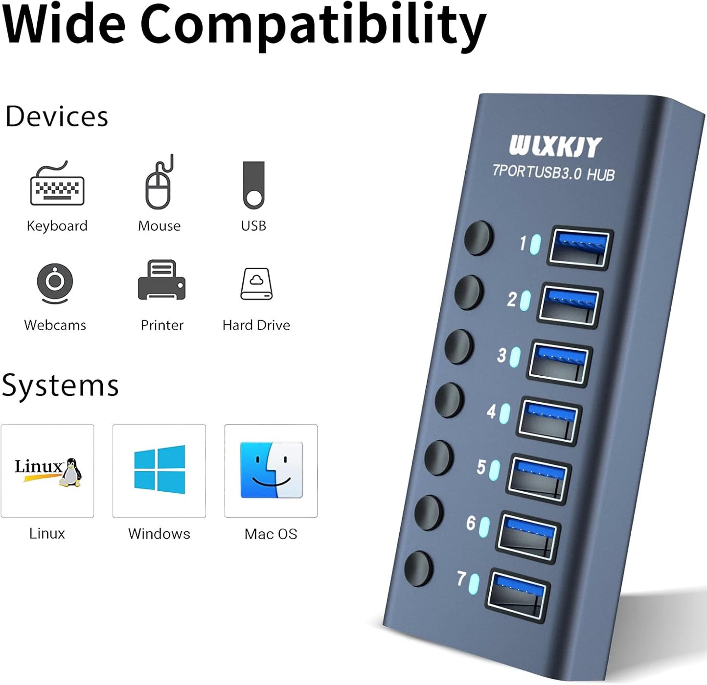 3.0 USB-Hub - 7-Port-Aluminium-Hub für problemlose Verbindung, Aufladung und rasante Datenübertragung