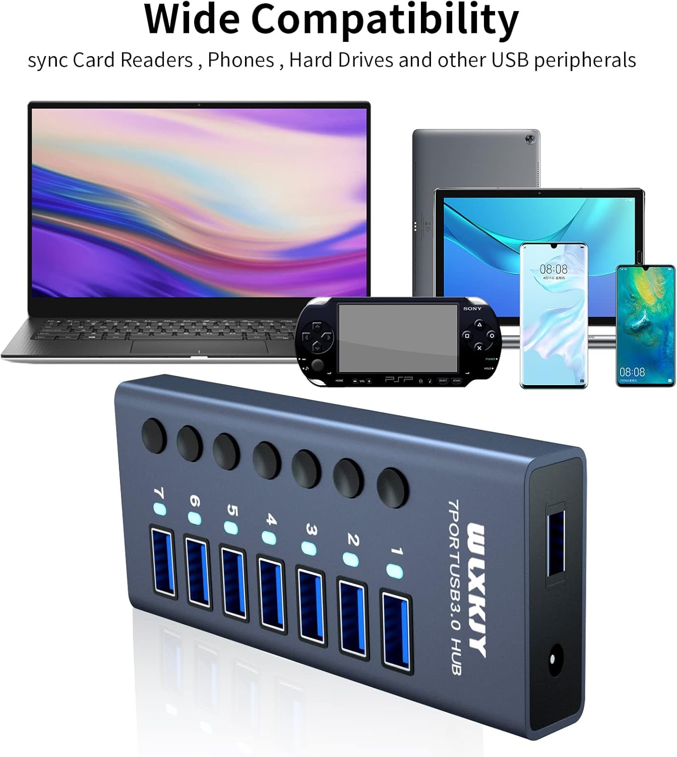 3.0 USB-Hub - 7-Port-Aluminium-Hub für problemlose Verbindung, Aufladung und rasante Datenübertragung