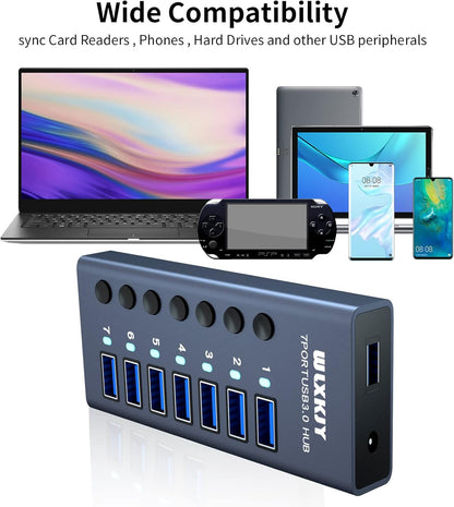 3.0 USB-Hub - 7-Port-Aluminium-Hub für problemlose Verbindung, Aufladung und rasante Datenübertragung