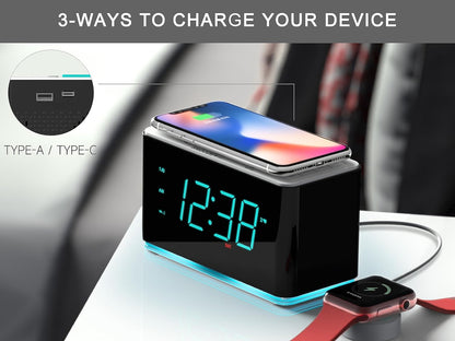 ITOMA Radiowecker Kabellose Lade-Digitaluhr, FM-Radio, Bluetooth,LED
