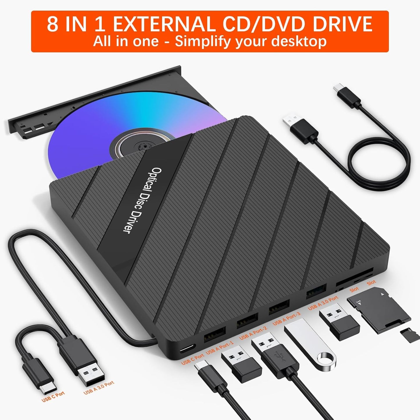 inaepeak 8 IN 1 Externes CD DVD Laufwerk für Laptop Schwarz