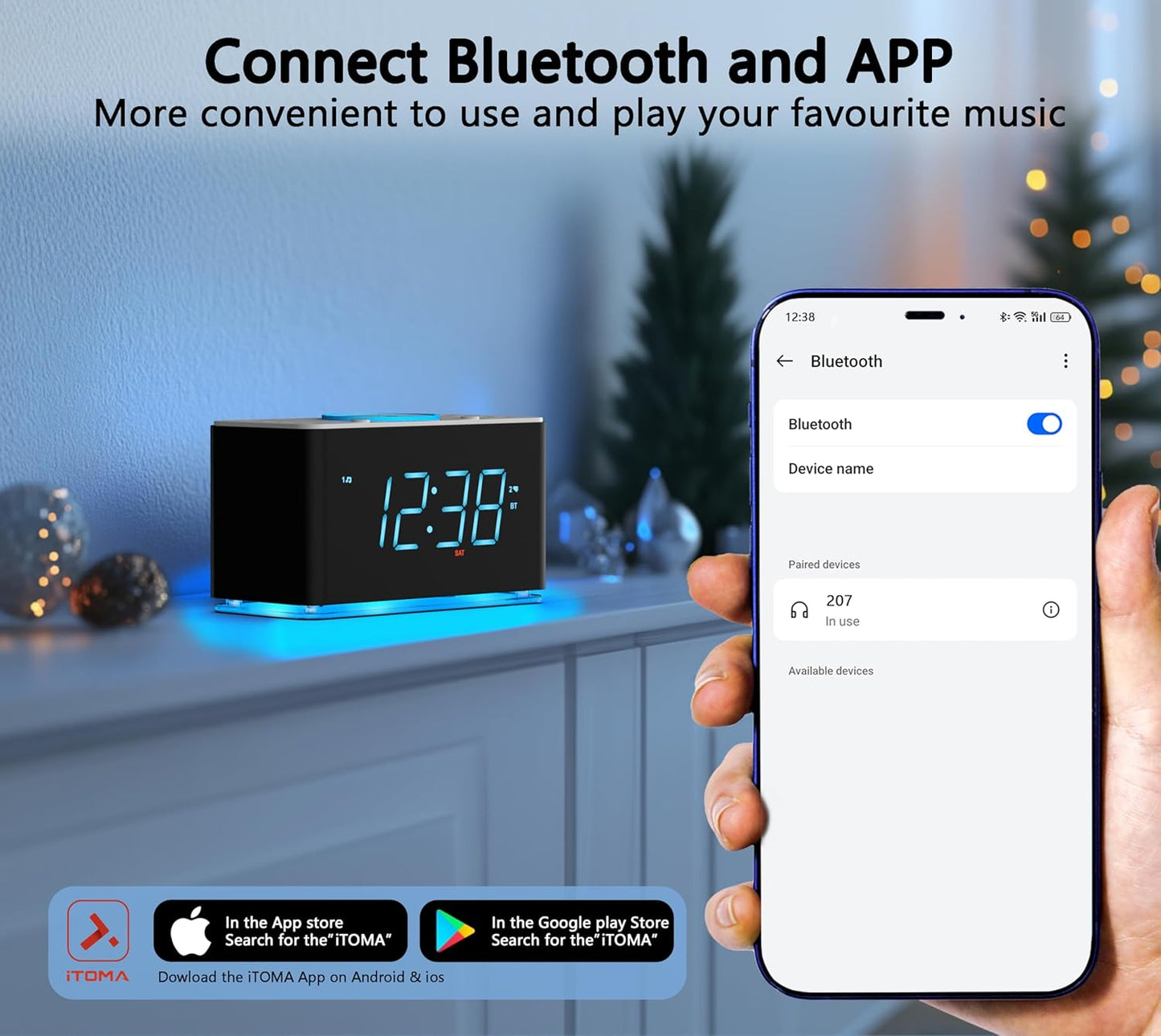 iTOMA Radiowecker, 15 Watt APP-Steuerung, Bluetooth,Dual-Alarm, Snooze, Dimmer,CKS207A