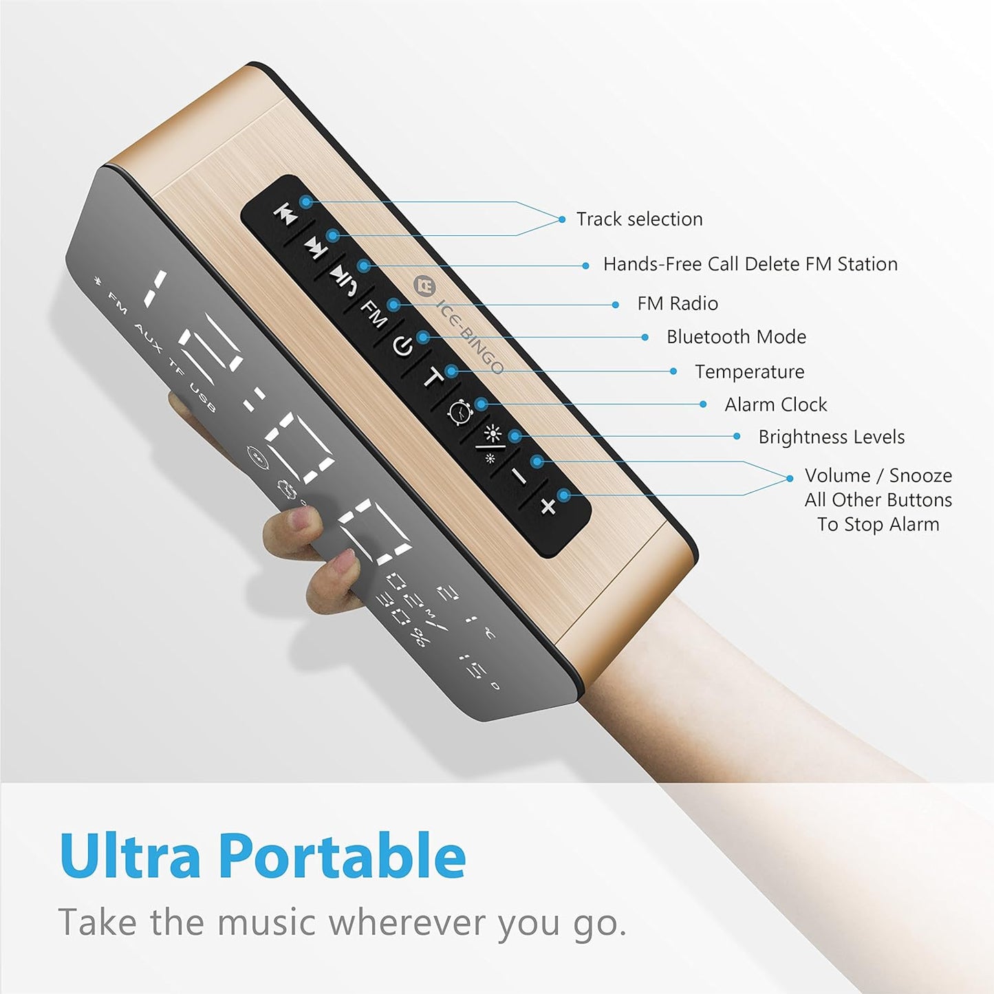 ICE-BINGO Bluetooth Lautsprecher Wecker Radio A10 pour iPhone Android (Or)