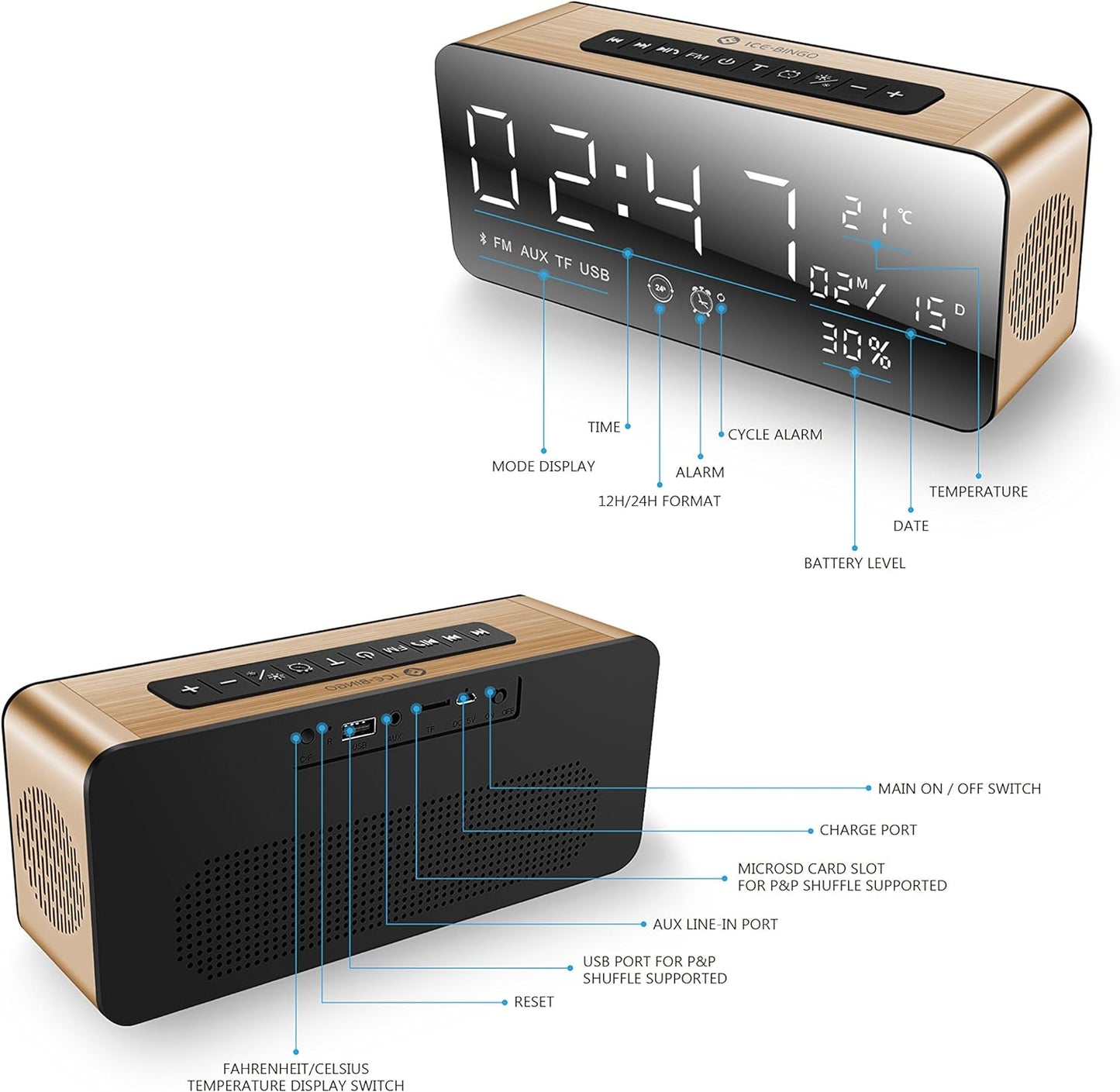 ICE-BINGO Bluetooth Lautsprecher Wecker Radio A10 pour iPhone Android (Or)