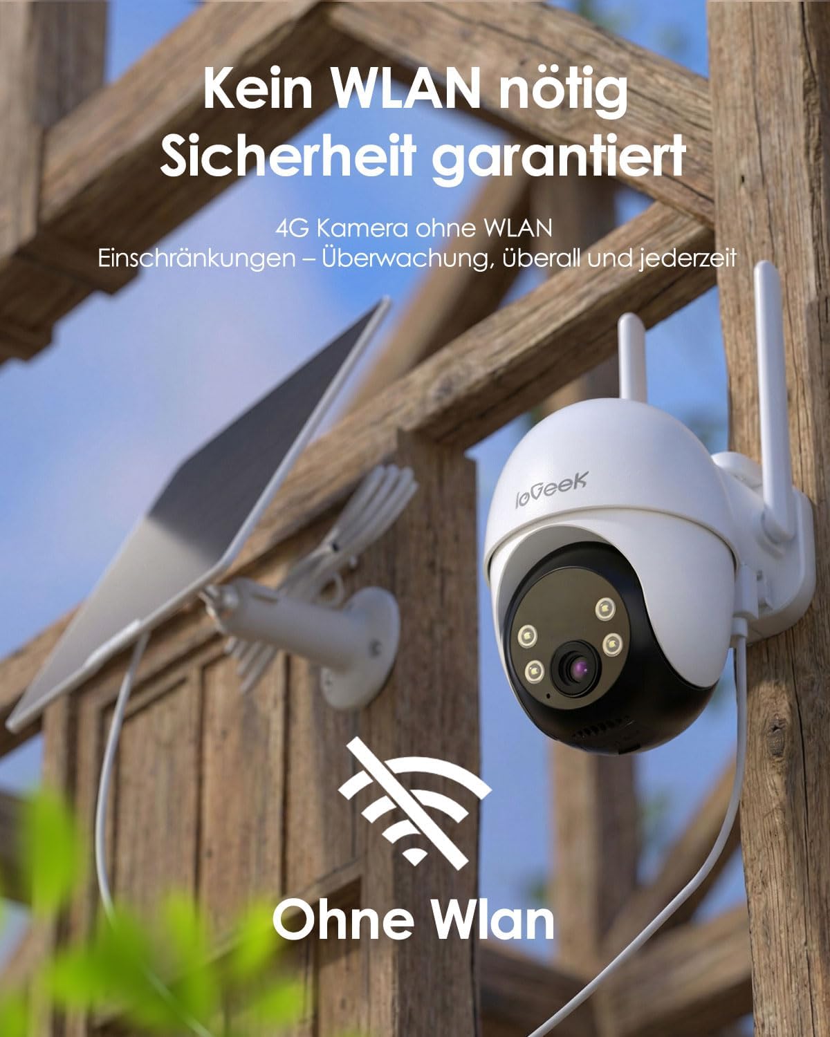 ieGeek 4G 24/7 Aufzeichnung AOV Überwachungskamera, 360° PTZ, 2K 3MP, KI-Erkennung mit SIM