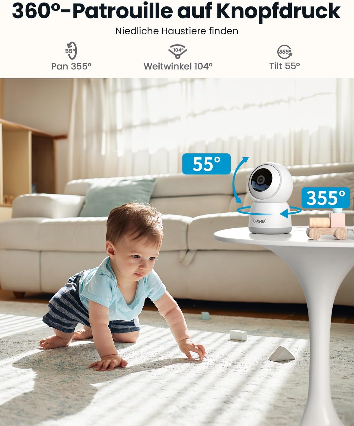 ieGeek 2K 360° WLAN Überwachungskamera , 2,4/5 GHz Hundekamera mit APP(2 Stück)