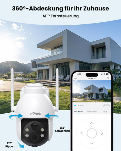 ieGeek 2Pcs 2K 3MP Überwachungskamera Aussen Solar, 360° PTZ 2.4GHz Kabellos