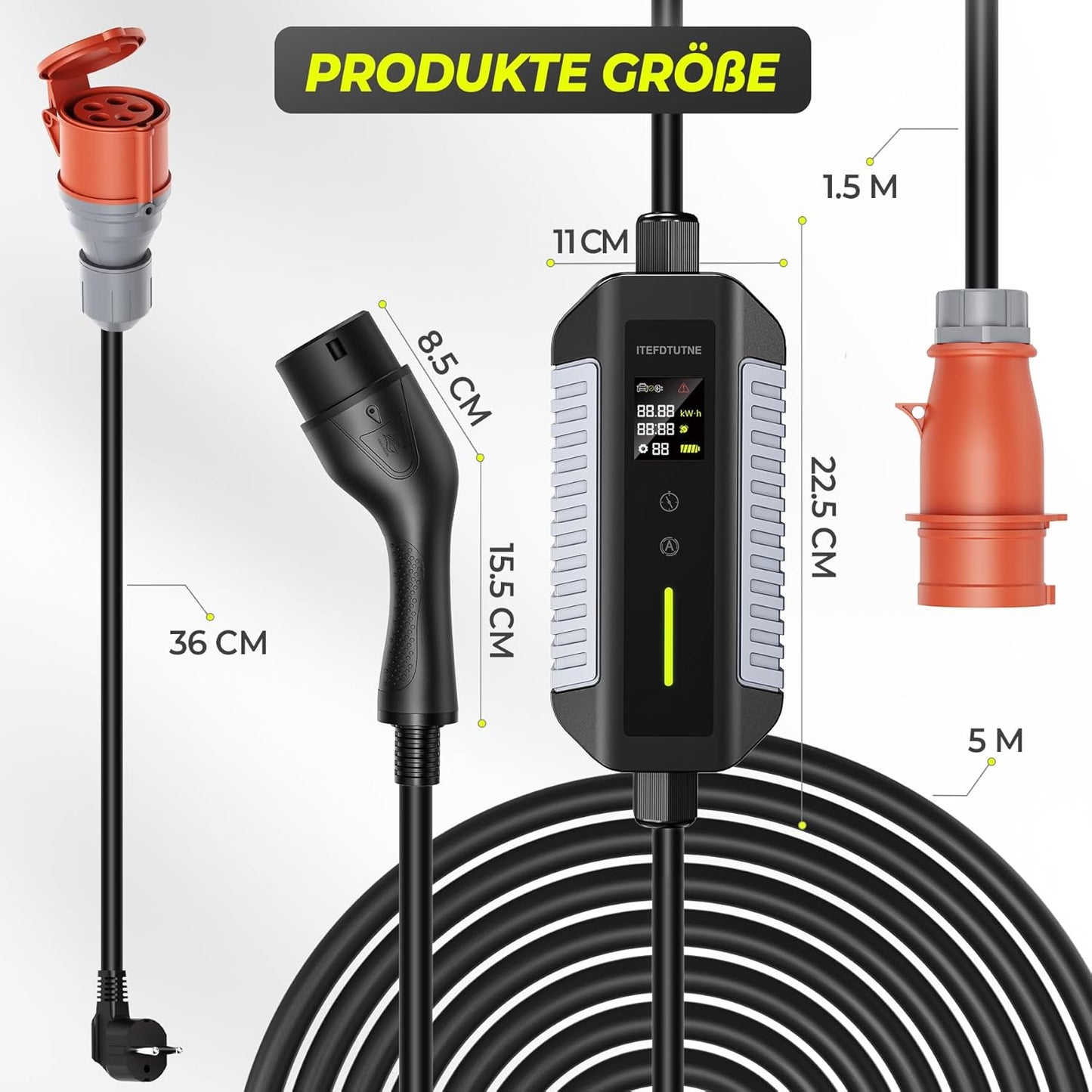 Typ 2 Ladekabel 11kW mit CEE-Stecker, [7M | 6-16A | 3-Phasig] mit Einstellbarer Ladeleistung Mobile Wallbox