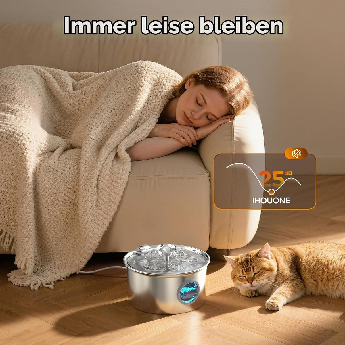 IHOUONE Katzenbrunnen Edelstahl  2.6L  Super Silent Trinkbrunnen Wasserfall Design