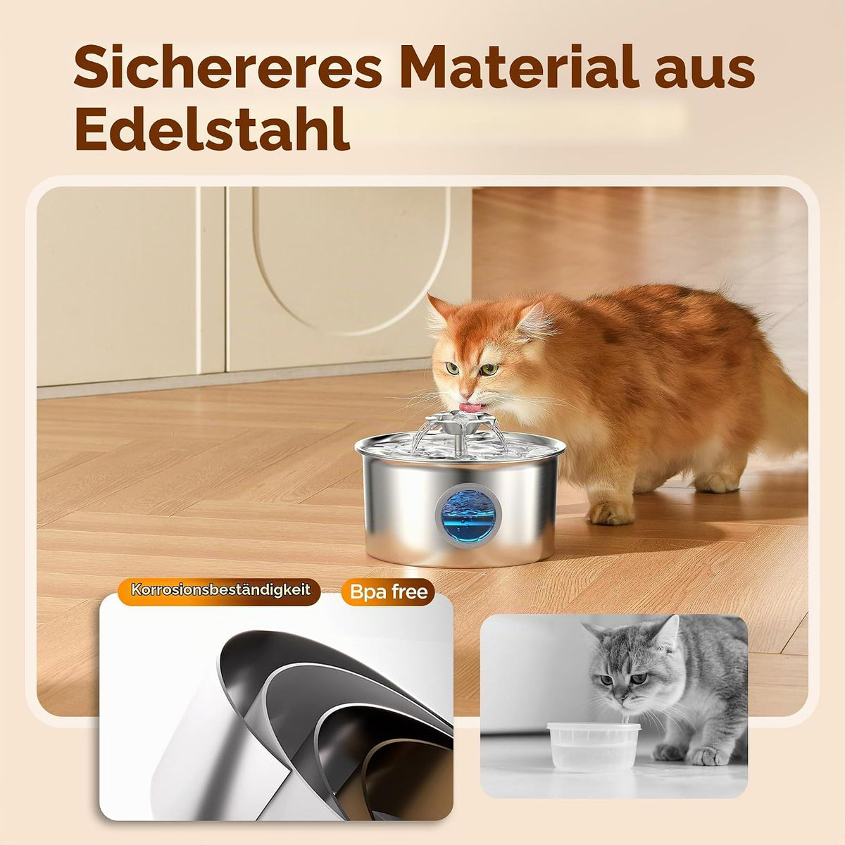 IHOUONE Katzenbrunnen Edelstahl  2.6L  Super Silent Trinkbrunnen Wasserfall Design