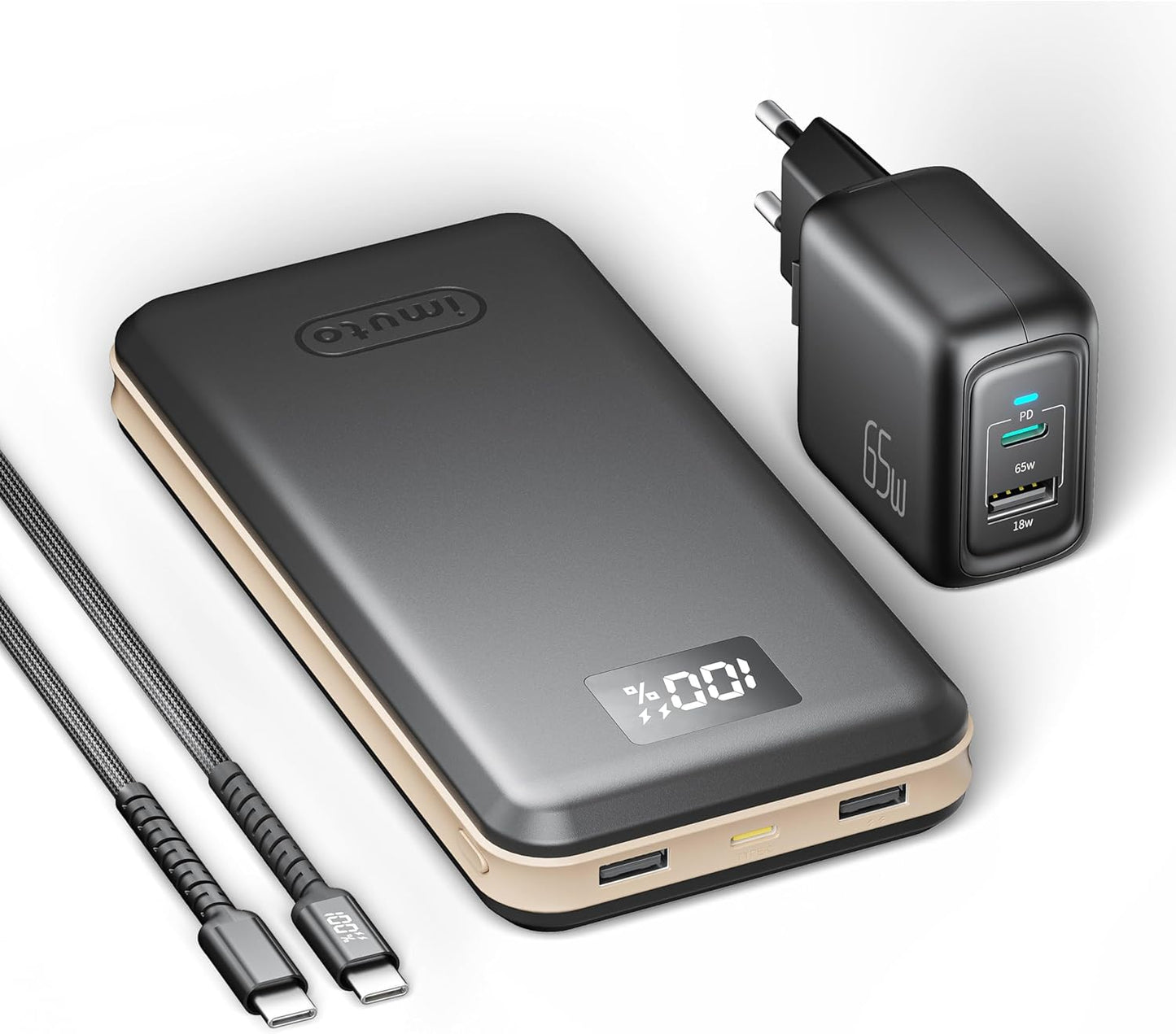 imuto Powerbank PD 65W 27000mAh Externer Akku mit 65W USB-C Ladegerät
