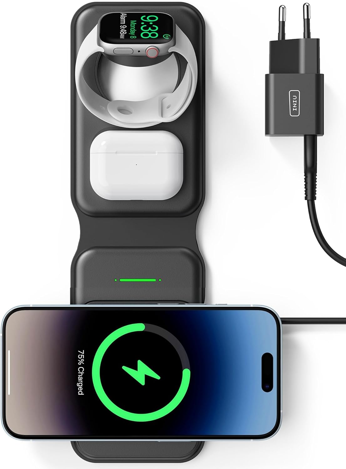 INIU 15W MagSafe Ladestation 3 in 1, Faltbares Wireless Charger für Iphone  (mit 20W Adapter und USB-C-Kabel)