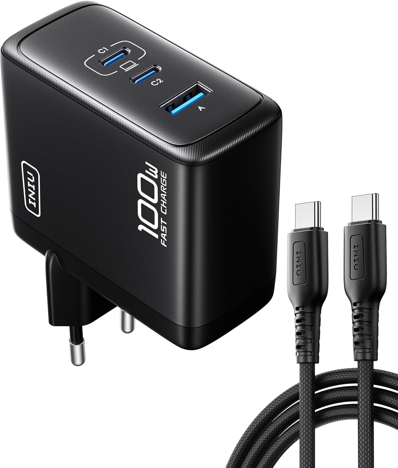 INIU USB C Ladegerät, 100W 3-Port Laptop Schnellladegerät mit USB C Mehrfach Netzteil
