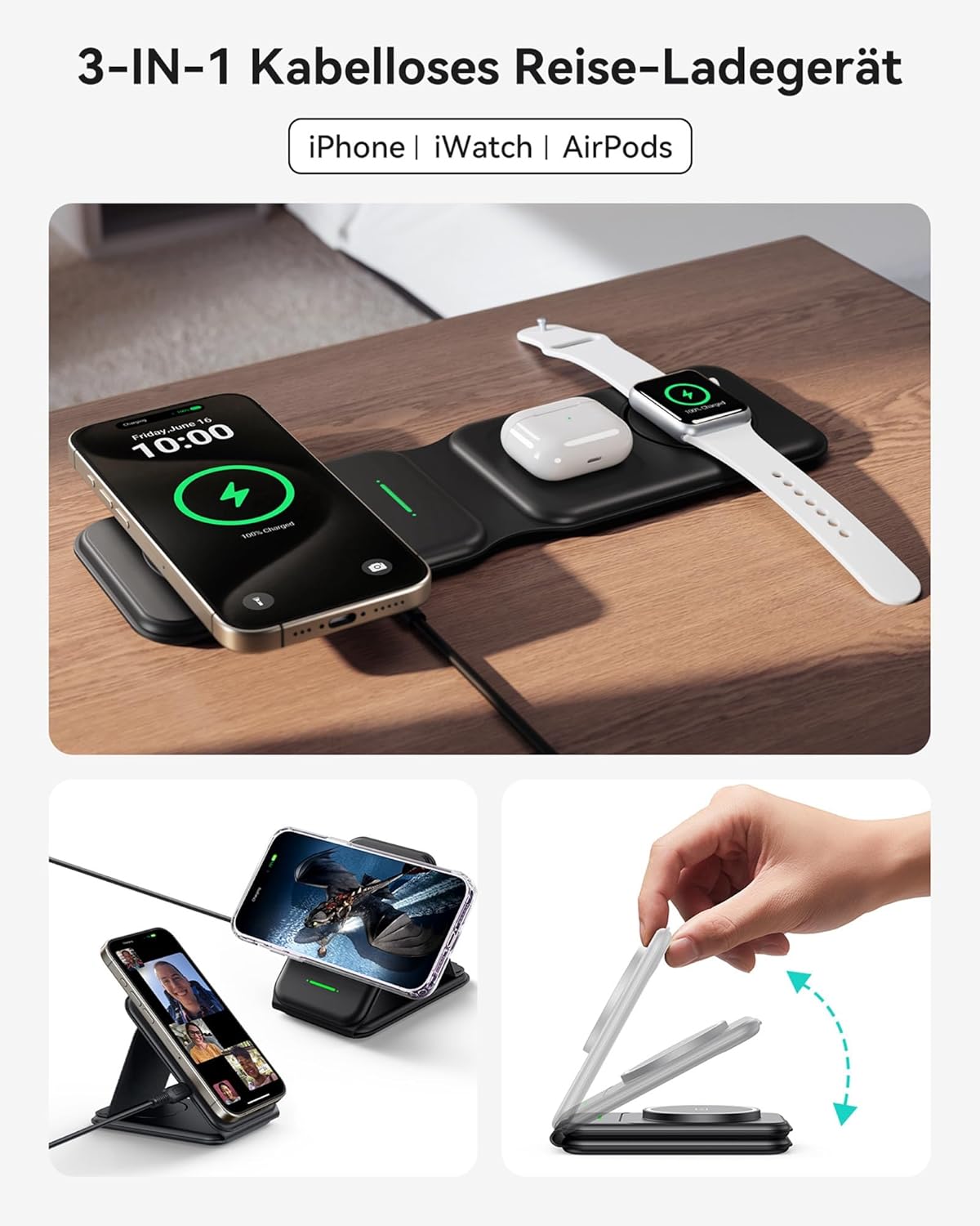 INIU 15W MagSafe Ladestation 3 in 1, Faltbares Wireless Charger für Iphone  (mit 20W Adapter und USB-C-Kabel)