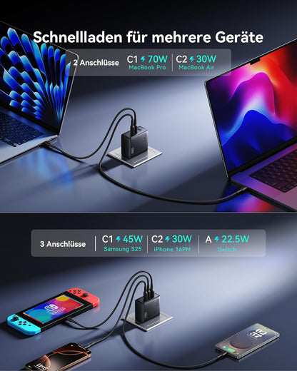 INIU USB C Ladegerät, 100W 3-Port Laptop Schnellladegerät mit USB C Mehrfach Netzteil