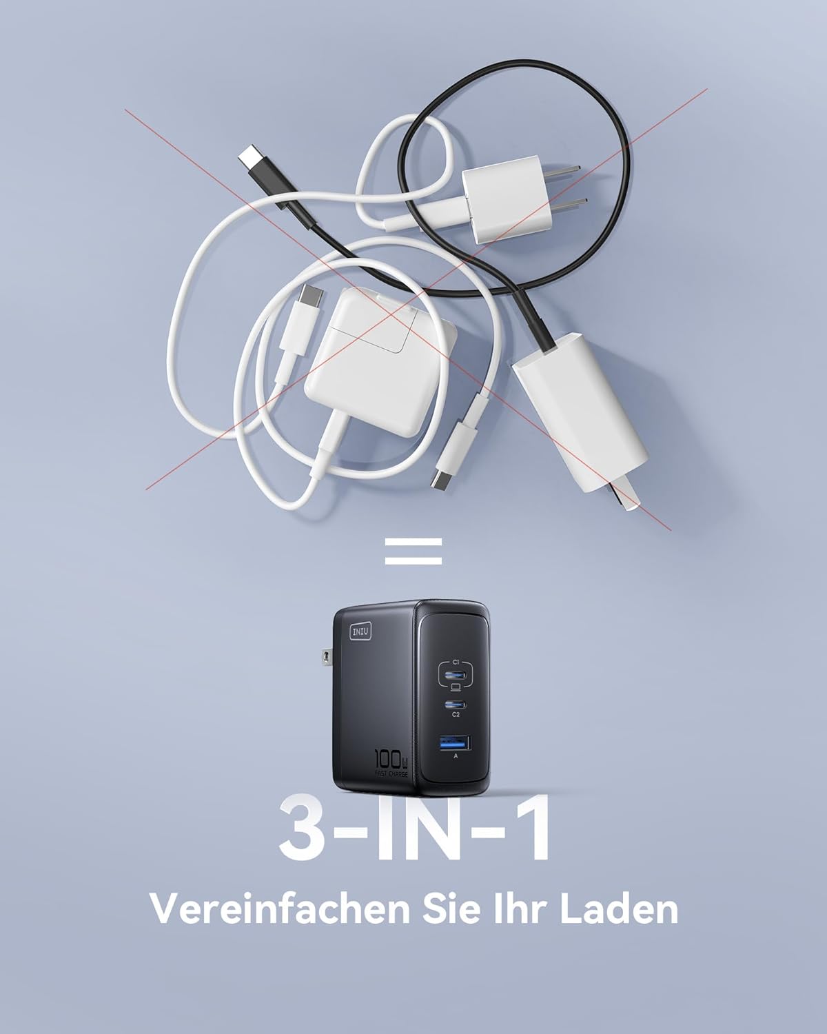 INIU USB C Ladegerät, 100W 3-Port Laptop Schnellladegerät mit USB C Mehrfach Netzteil