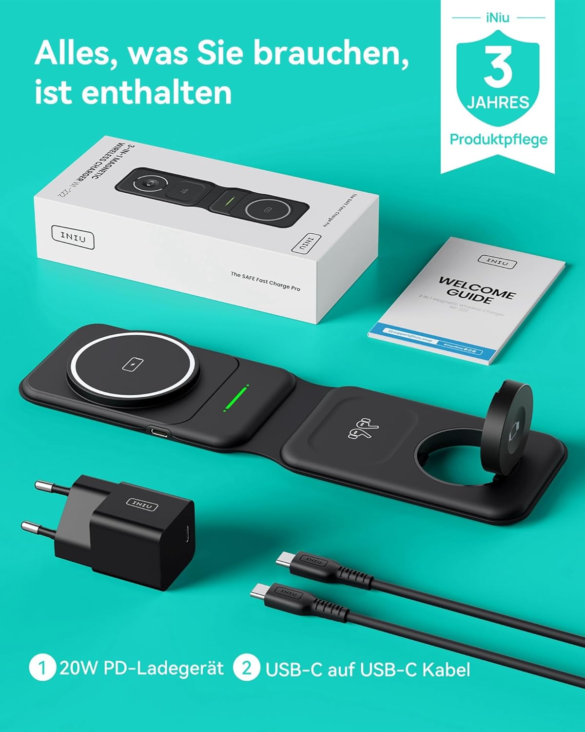 INIU 15W MagSafe Ladestation 3 in 1, Faltbares Wireless Charger für Iphone  (mit 20W Adapter und USB-C-Kabel)