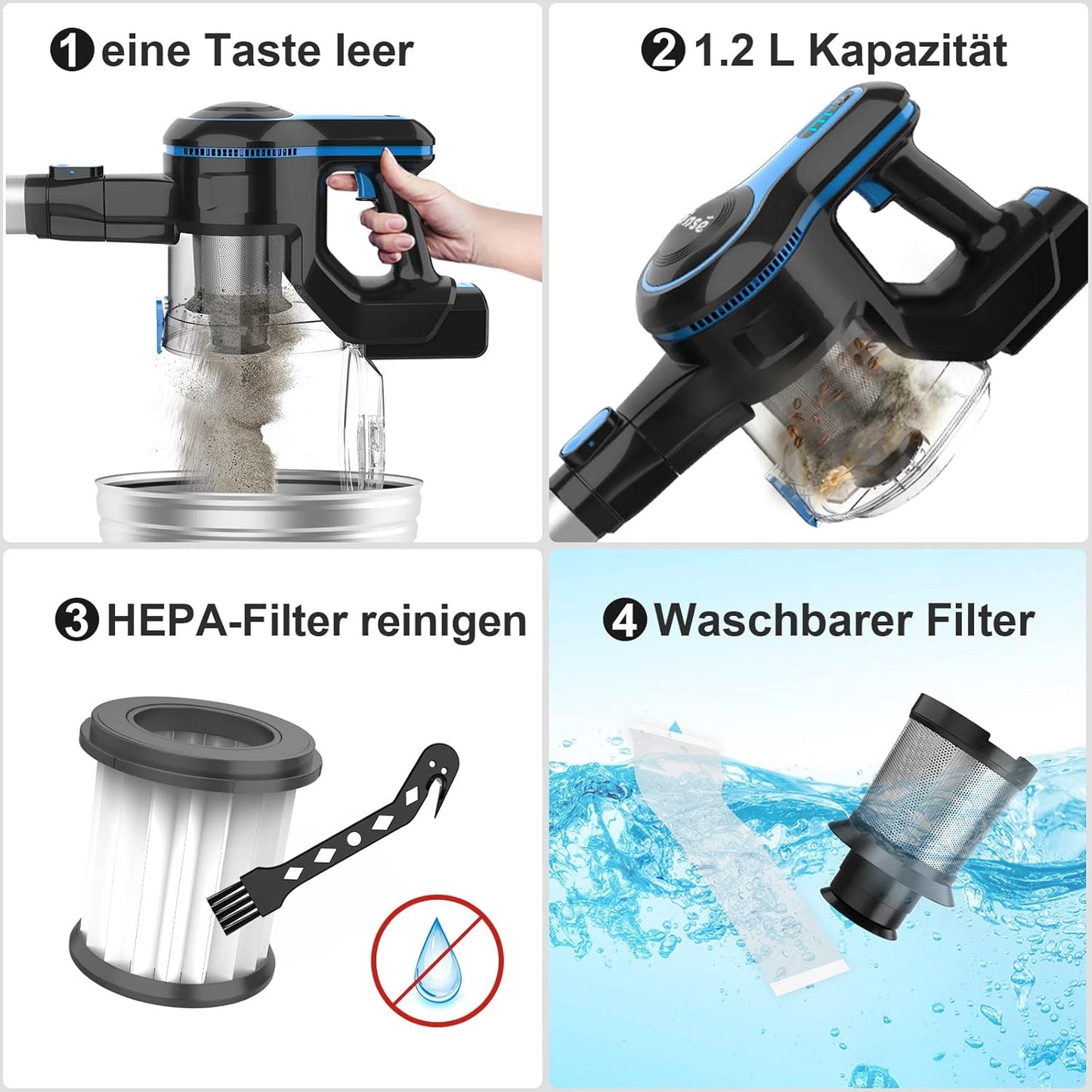 INSE N5S Akku Staubsauger 20KPa, 6-in-1 Staubsauger,45 Min Laufzeit, 1,2 L