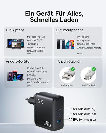 INIU USB C Ladegerät, 100W 3-Port Laptop Schnellladegerät mit USB C Mehrfach Netzteil