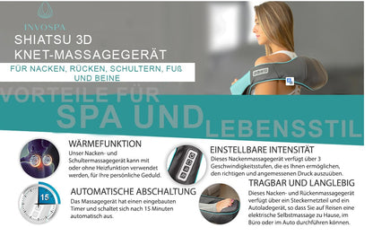 InvoSpa Shiatsu Massagegerät Nackenmassagegerät Schulter Rücken mit Infrarot Wärmefunktion, Elektrisches Massagegerät mit Wärme