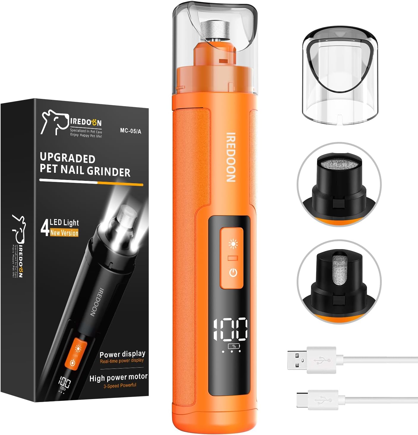 Iredoon Profi Krallenschleifer für Hunde 3-Gang Mit 4 LED-Leuchten,Mit Leistungsanzeige für Haustiere