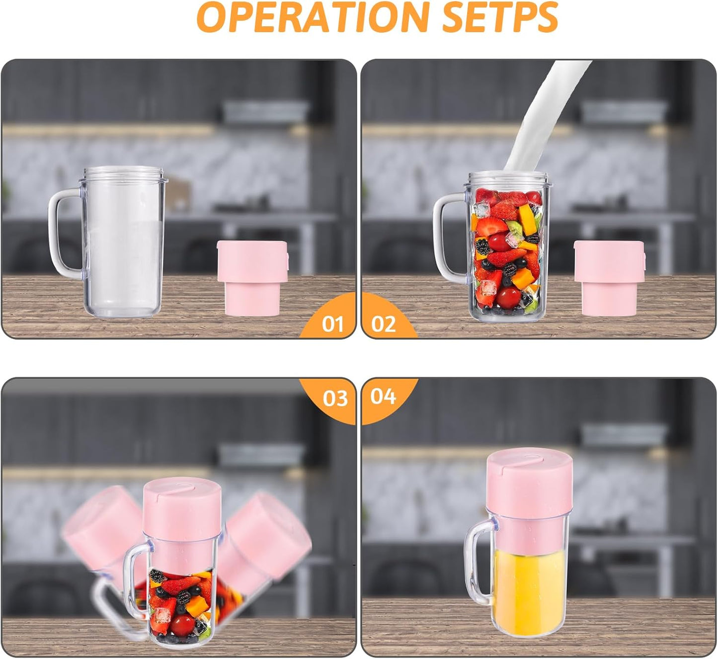 Irishom Smoothie Maker, batteur sur socle avec 6 cuillères à café, support USB Wiederaufladbar et 340ML Kapazität, Geeignet pour les familles, le camping et le sport (Rosa)