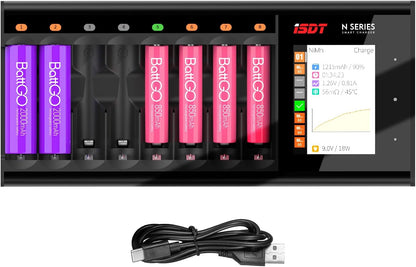 ISDT N8 8-Fach Schnellladegerät für AA/AAA Batterien mit LCD-Display,Analysefunktion