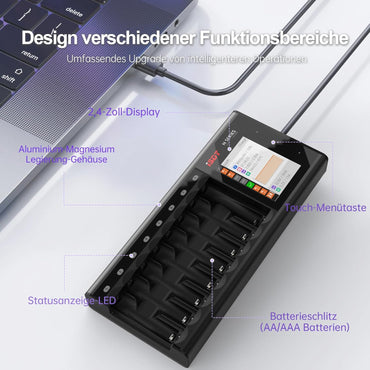 ISDT N8 8-Fach Schnellladegerät für AA/AAA Batterien mit LCD-Display,Analysefunktion
