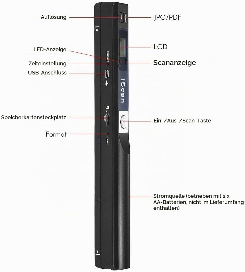 iScan Stab Tragbarer Scanner Dokument A4 Scanner 900DPI JPG/PDF (Schwarz)
