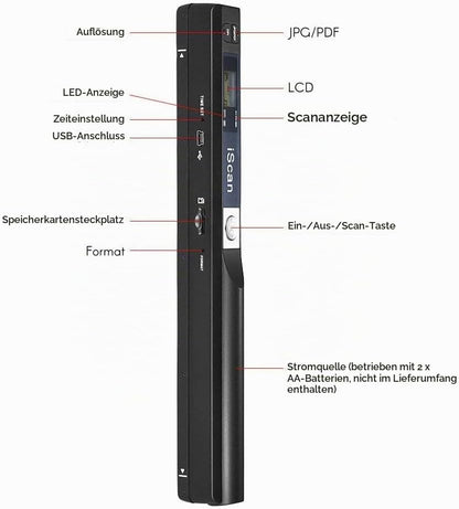 iScan Stab Tragbarer Scanner Dokument A4 Scanner 900DPI JPG/PDF (Schwarz)
