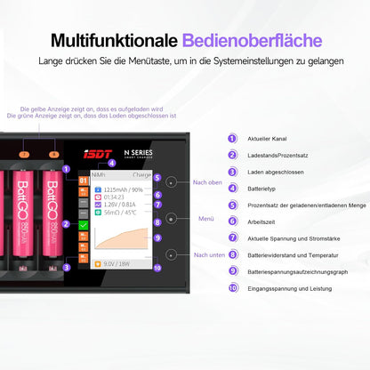ISDT N8 8-Fach Schnellladegerät für AA/AAA Batterien mit LCD-Display,Analysefunktion